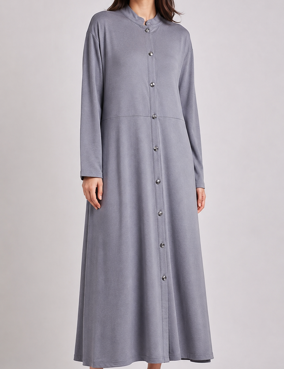  Farnham women’s grey long button-front dress in UK XL. Stylish long sleeves, modest design, versatile everyday wear, and no pockets.