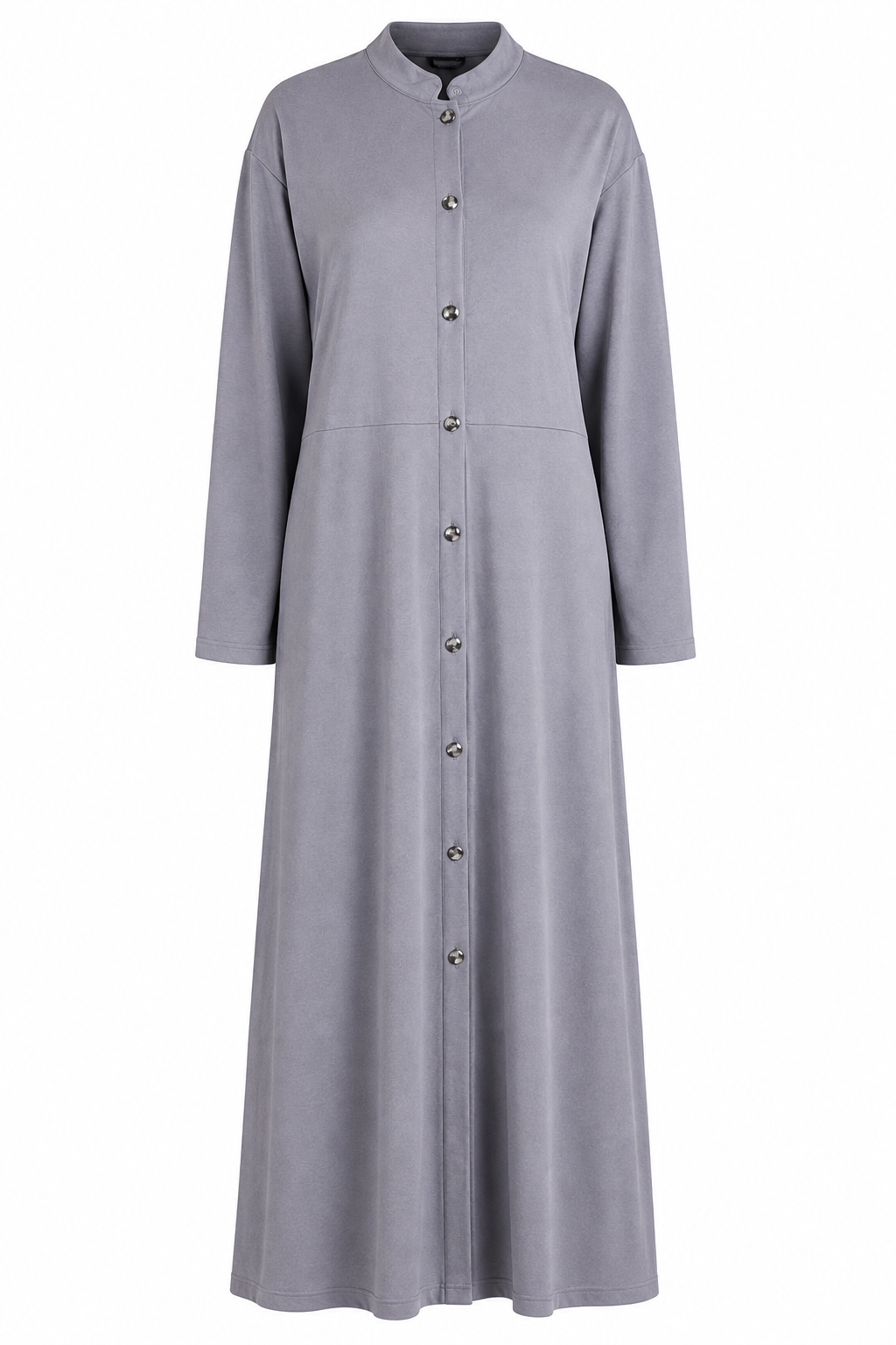  Farnham women’s grey long button-front dress in UK XL. Stylish long sleeves, modest design, versatile everyday wear, and no pockets.