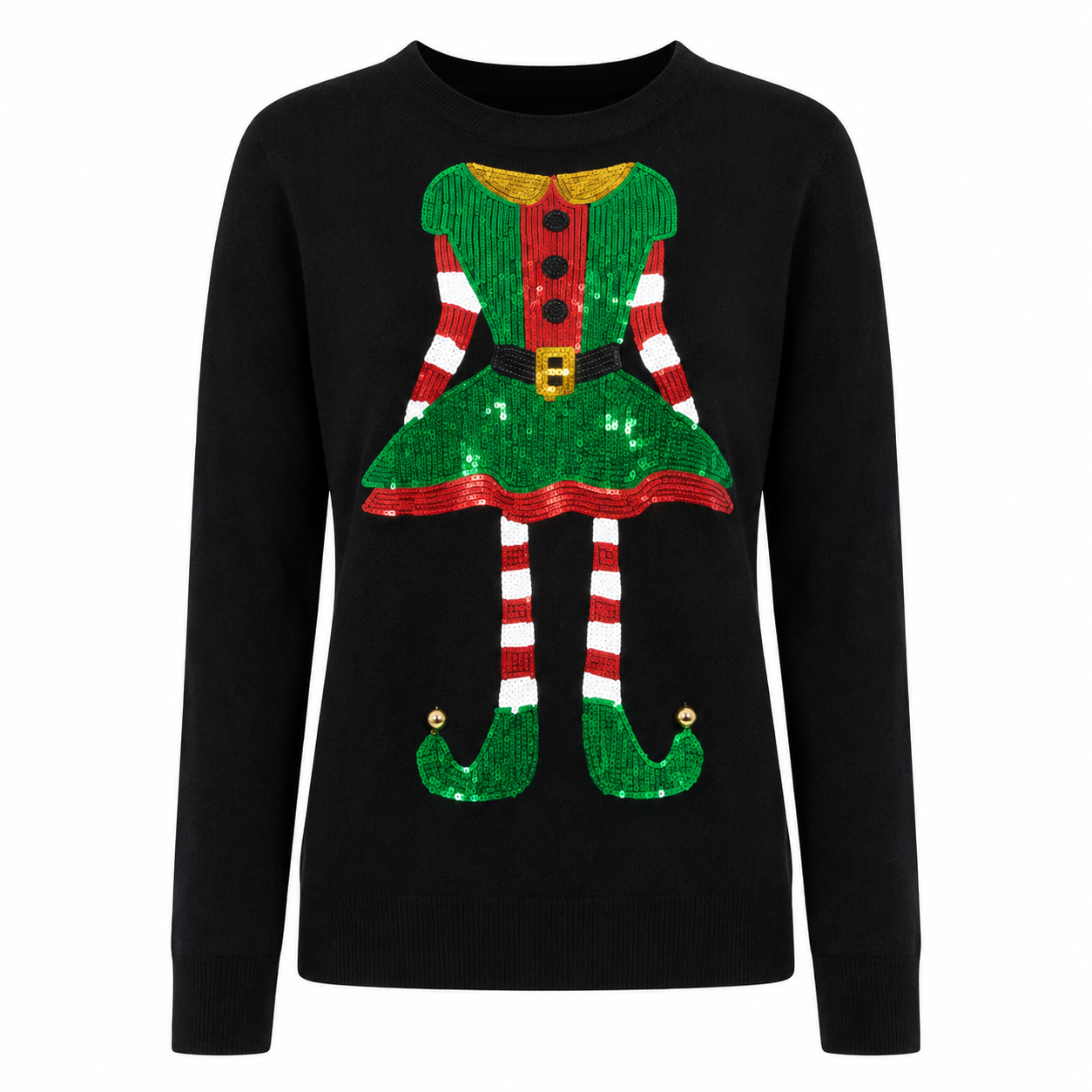  Fashion Union women’s black Christmas elf sequin jumper, UK size 14. Festive long-sleeve knit top with colourful sequin design, perfect for winter and Christmas occasions.