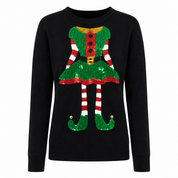  Fashion Union women’s black Christmas elf sequin jumper, UK size 14. Festive long-sleeve knit top with colourful sequin design, perfect for winter and Christmas occasions.