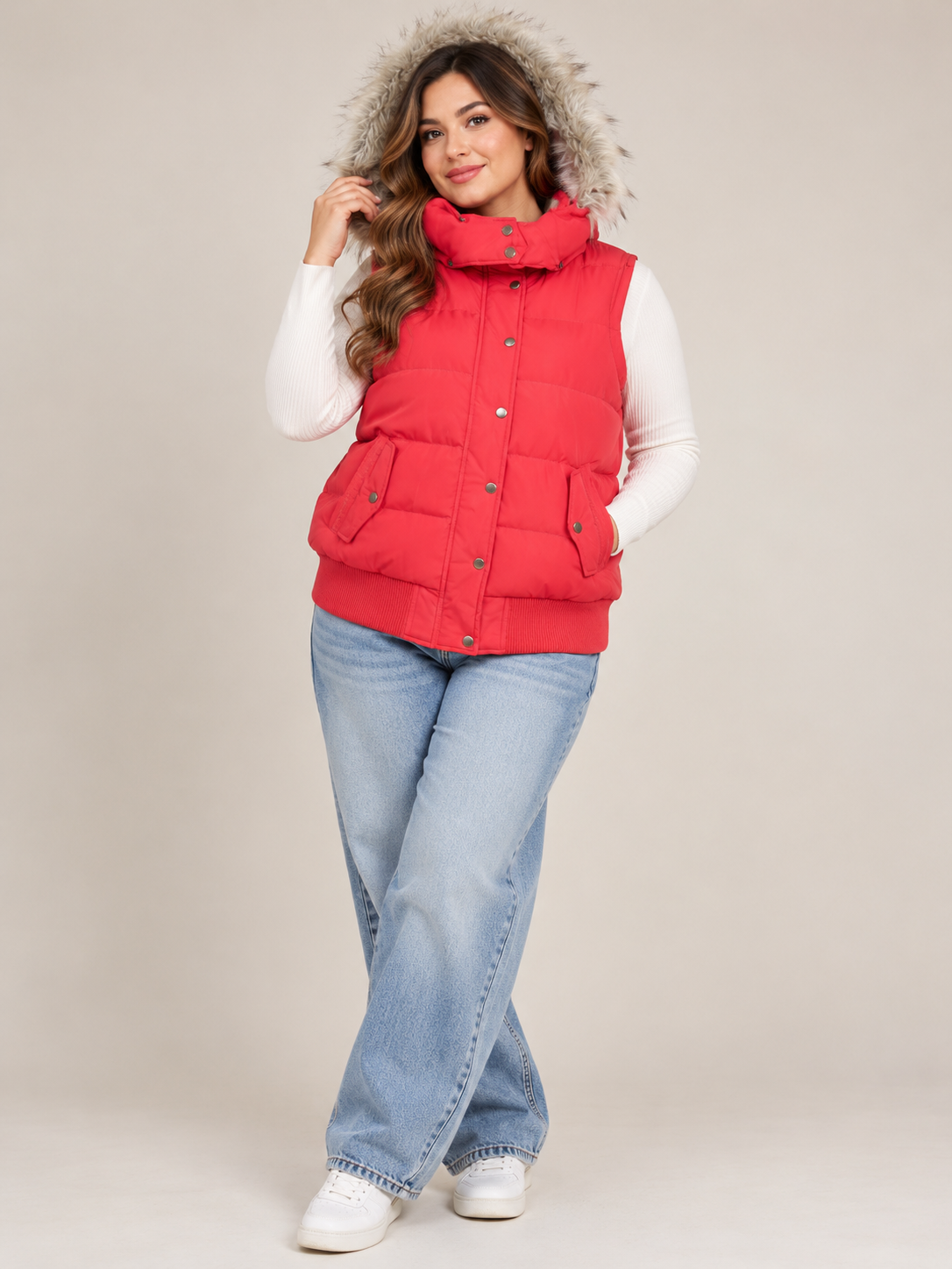 FAT FACE Women's Red Padded Puffer Gilet in UK Size 2XL. Features a cosy faux fur hood, front pockets and ribbed hem. Stylish winter bodywarmer.