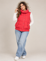 FAT FACE Women Red Padded Puffer Gilet with Faux Fur Hood