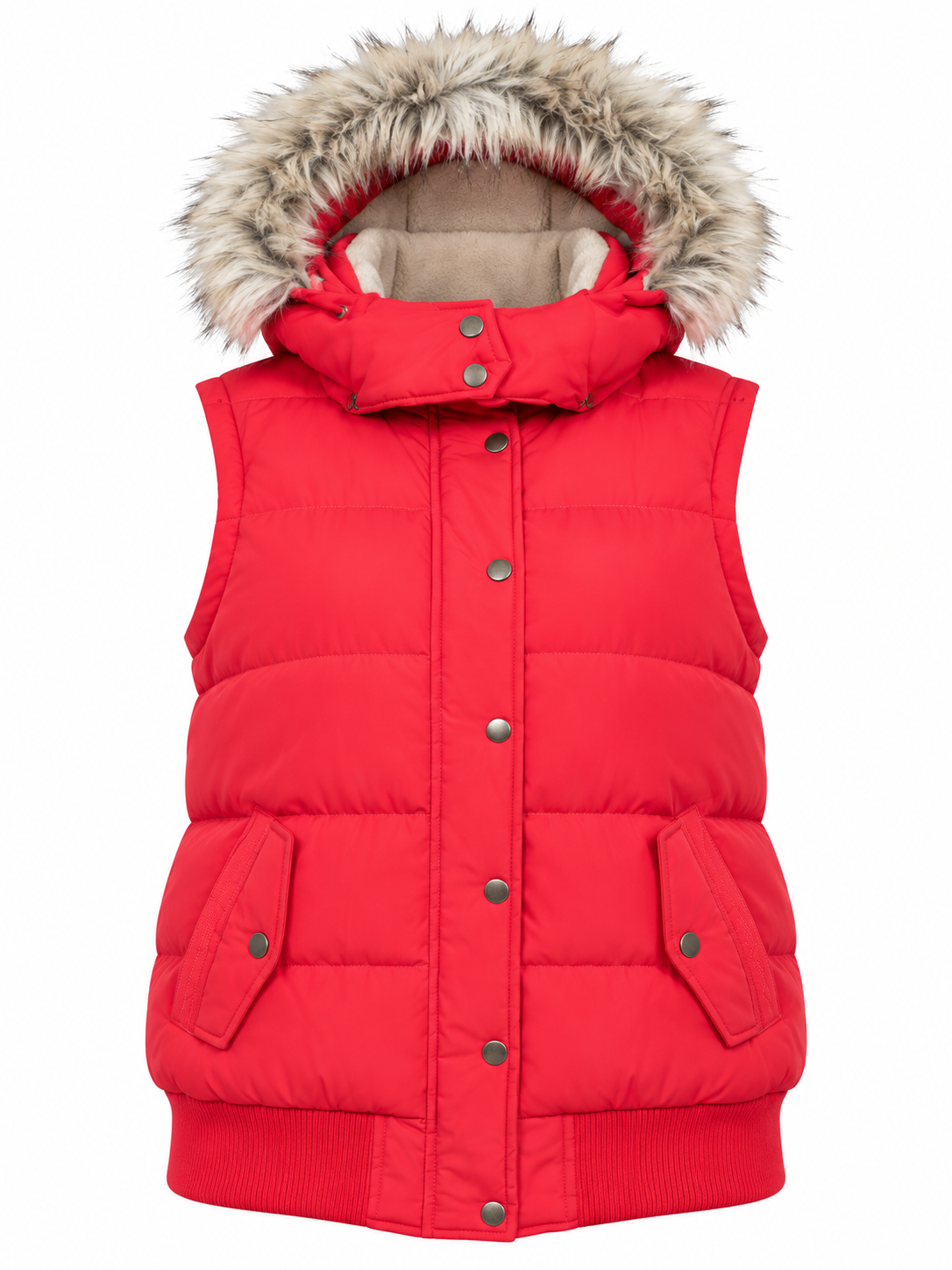  FAT FACE Women's Red Padded Puffer Gilet in UK Size 2XL. Features a cosy faux fur hood, front pockets and ribbed hem. Stylish winter bodywarmer.