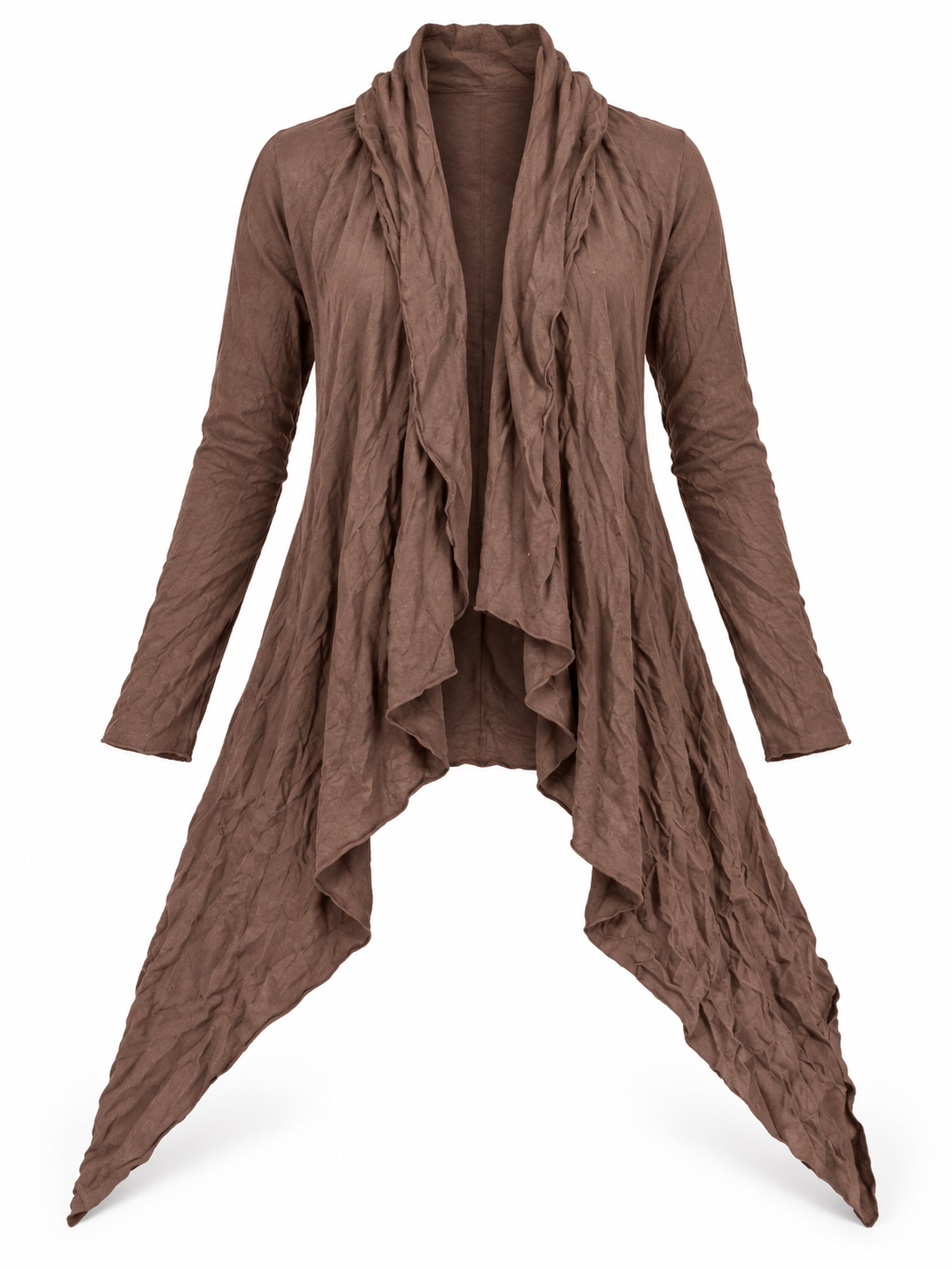   Fenn Wright Manson brown waterfall cardigan in women’s UK size 16, featuring long sleeves, a draped open front and asymmetric hem.