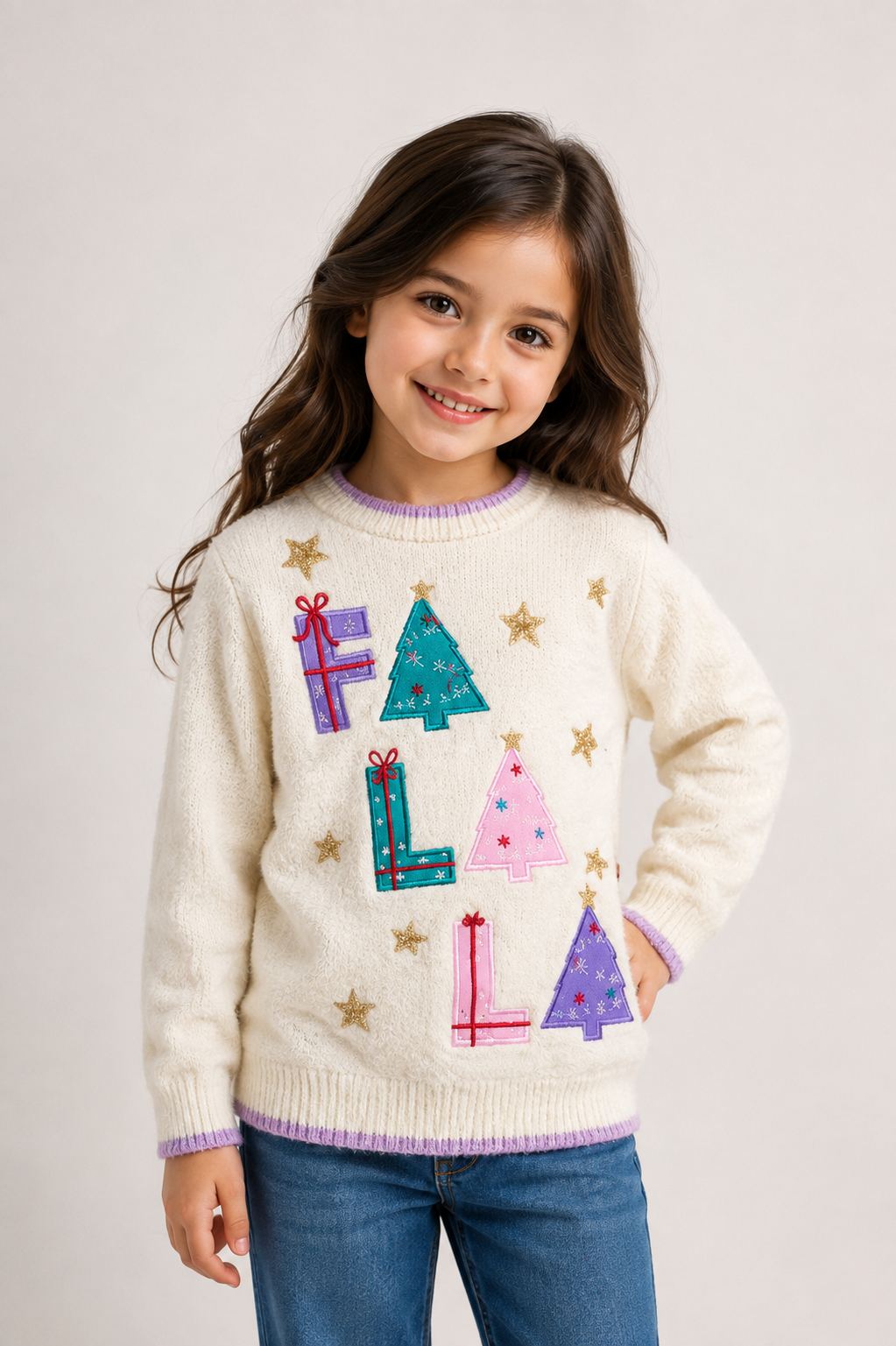  Festive FUN girls’ cream Christmas jumper, UK size 6-7 years, featuring colourful festive tree, gift and star appliqué details.