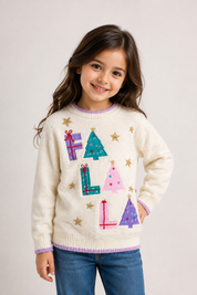  Festive FUN girls’ cream Christmas jumper, UK size 6-7 years, featuring colourful festive tree, gift and star appliqué details.