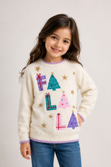 Festive FUN Girls Cream Christmas Jumper with Colourful Tree & Gift Appliqué