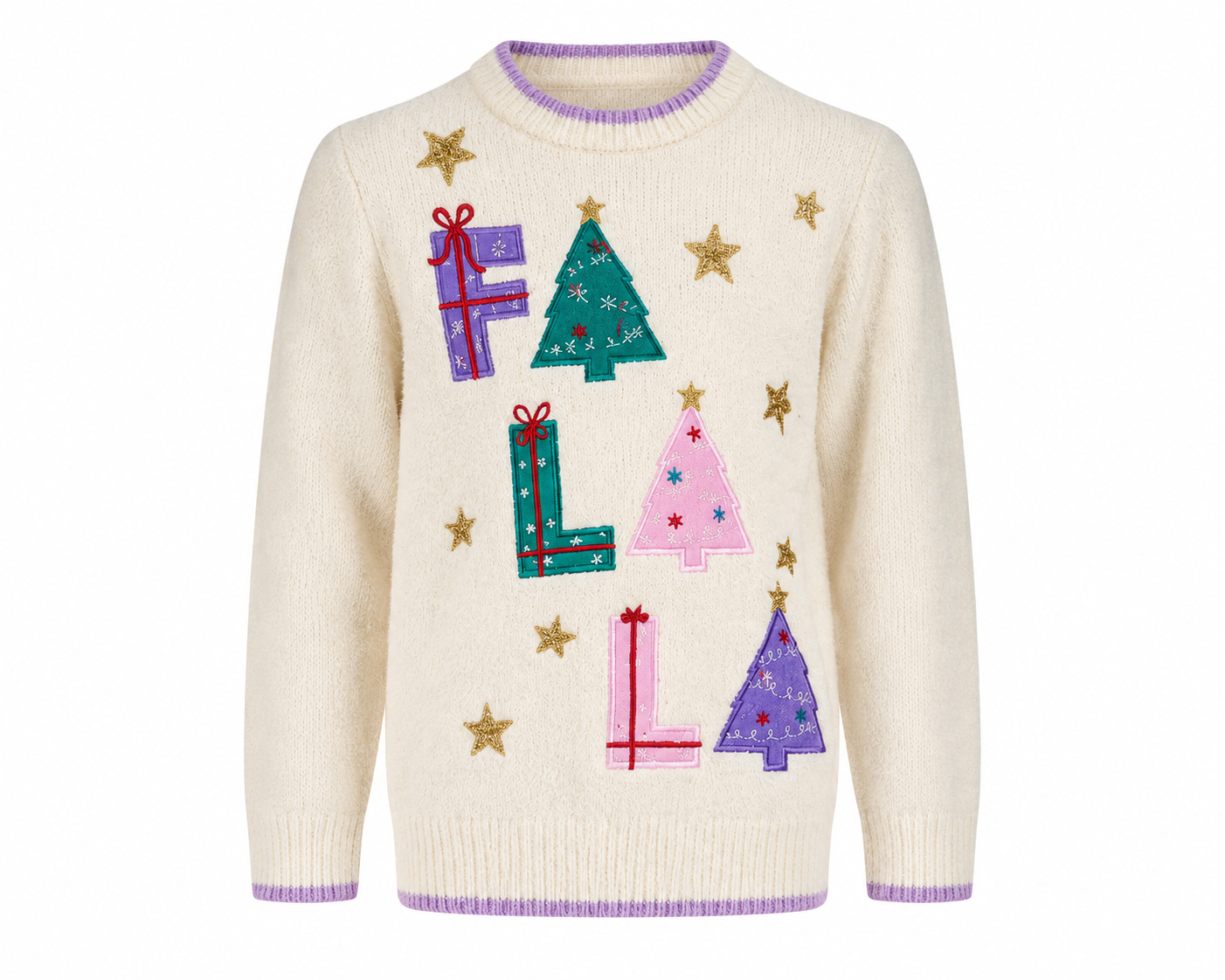  Festive FUN girls’ cream Christmas jumper, UK size 6-7 years, featuring colourful festive tree, gift and star appliqué details.