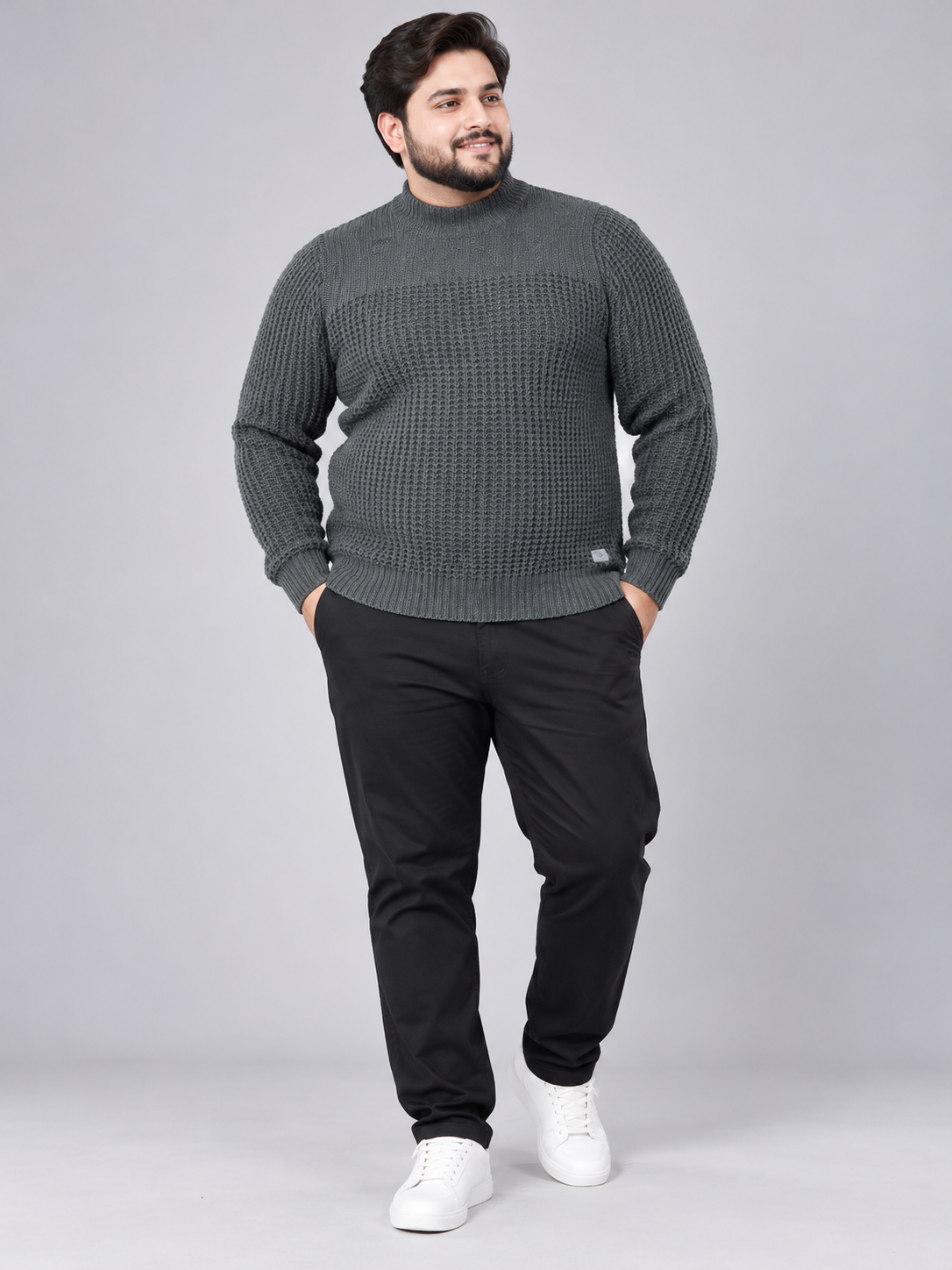 FIRETRAP Men's Charcoal Grey Waffle Knit Jumper in UK 3XL. Stylish textured winter sweater with ribbed cuffs and a comfortable smart-casual fit.