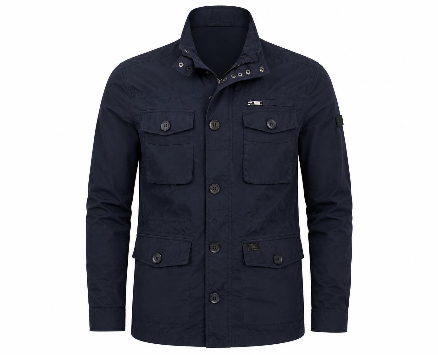 Firetrap men’s navy blue utility field jacket in UK size XL. Multi-pocket design, zip and button fastening, stand collar and versatile casual styling.