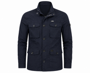 Firetrap men’s navy blue utility field jacket in UK size XL. Multi-pocket design, zip and button fastening, stand collar and versatile casual styling.