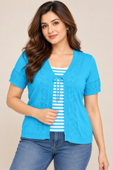 Florida Women Turquoise Blue Layered Knit Cardigan Top