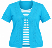  Florida women’s turquoise blue layered knit cardigan top in UK Size M/L. Stylish striped inner design, short sleeves and front tie detail.