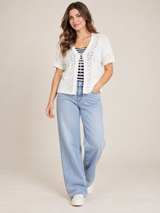 FLORIDA Women White Lace Knit Cardigan with Navy Striped Inner Top