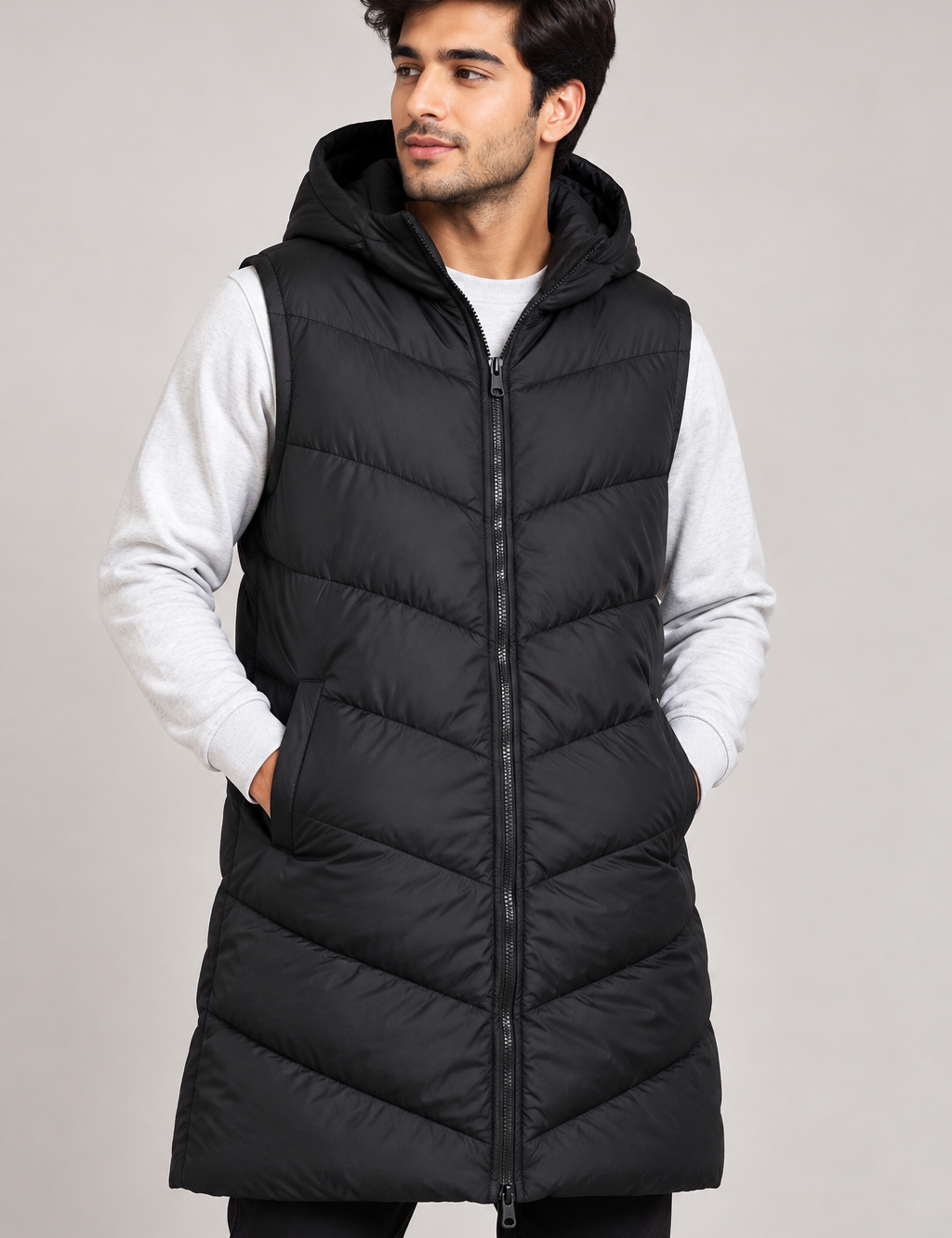the FLUID Men’s Black Longline Hooded Puffer Gilet in UK Size L. A warm, stylish padded bodywarmer ideal for winter layering and casual wear.
