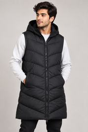 the FLUID Men’s Black Longline Hooded Puffer Gilet in UK Size L. A warm, stylish padded bodywarmer ideal for winter layering and casual wear.