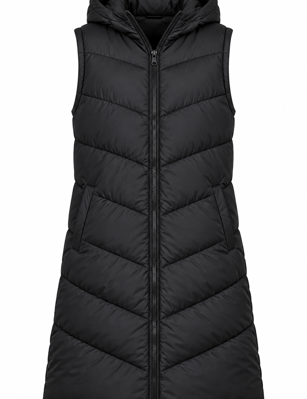 the FLUID Men’s Black Longline Hooded Puffer Gilet in UK Size L. A warm, stylish padded bodywarmer ideal for winter layering and casual wear.