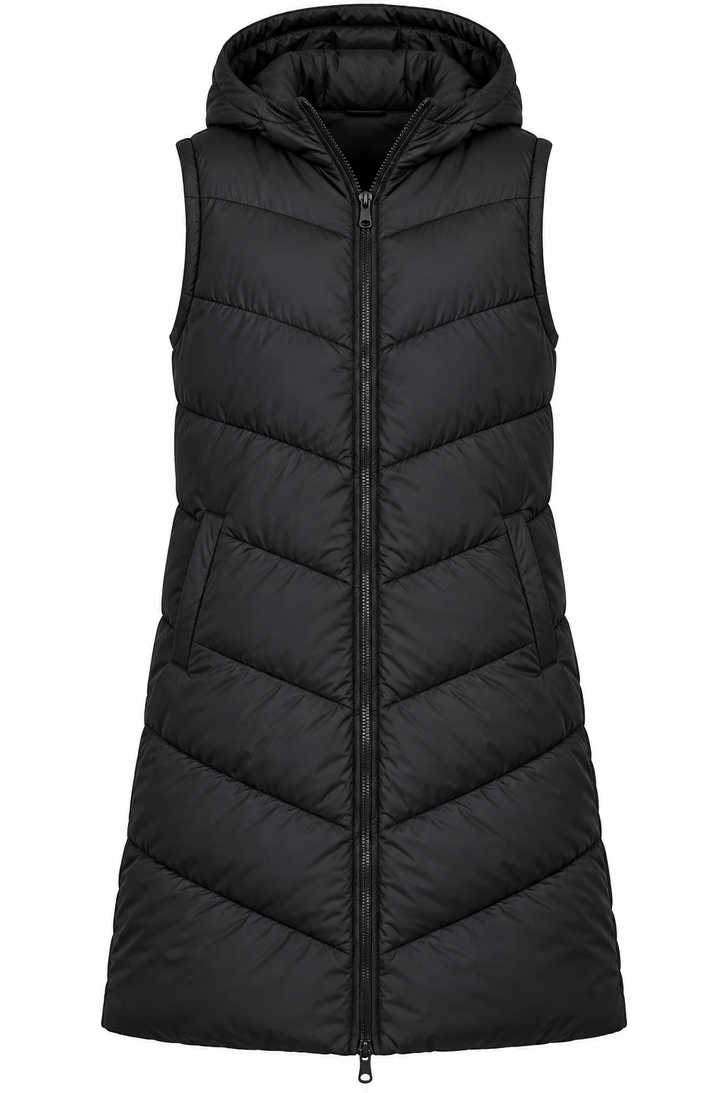 the FLUID Men’s Black Longline Hooded Puffer Gilet in UK Size L. A warm, stylish padded bodywarmer ideal for winter layering and casual wear.