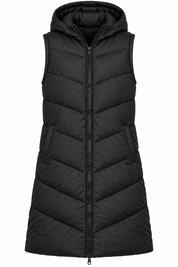 the FLUID Men’s Black Longline Hooded Puffer Gilet in UK Size L. A warm, stylish padded bodywarmer ideal for winter layering and casual wear.
