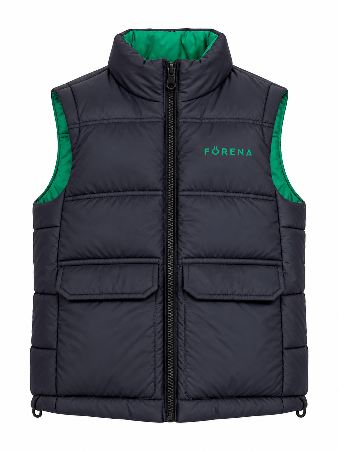 FORENA Boys Navy Blue Quilted Puffer Gilet, UK 8–9 Years. Features green lining, zip fastening, flap pockets and a stylish sleeveless design.
