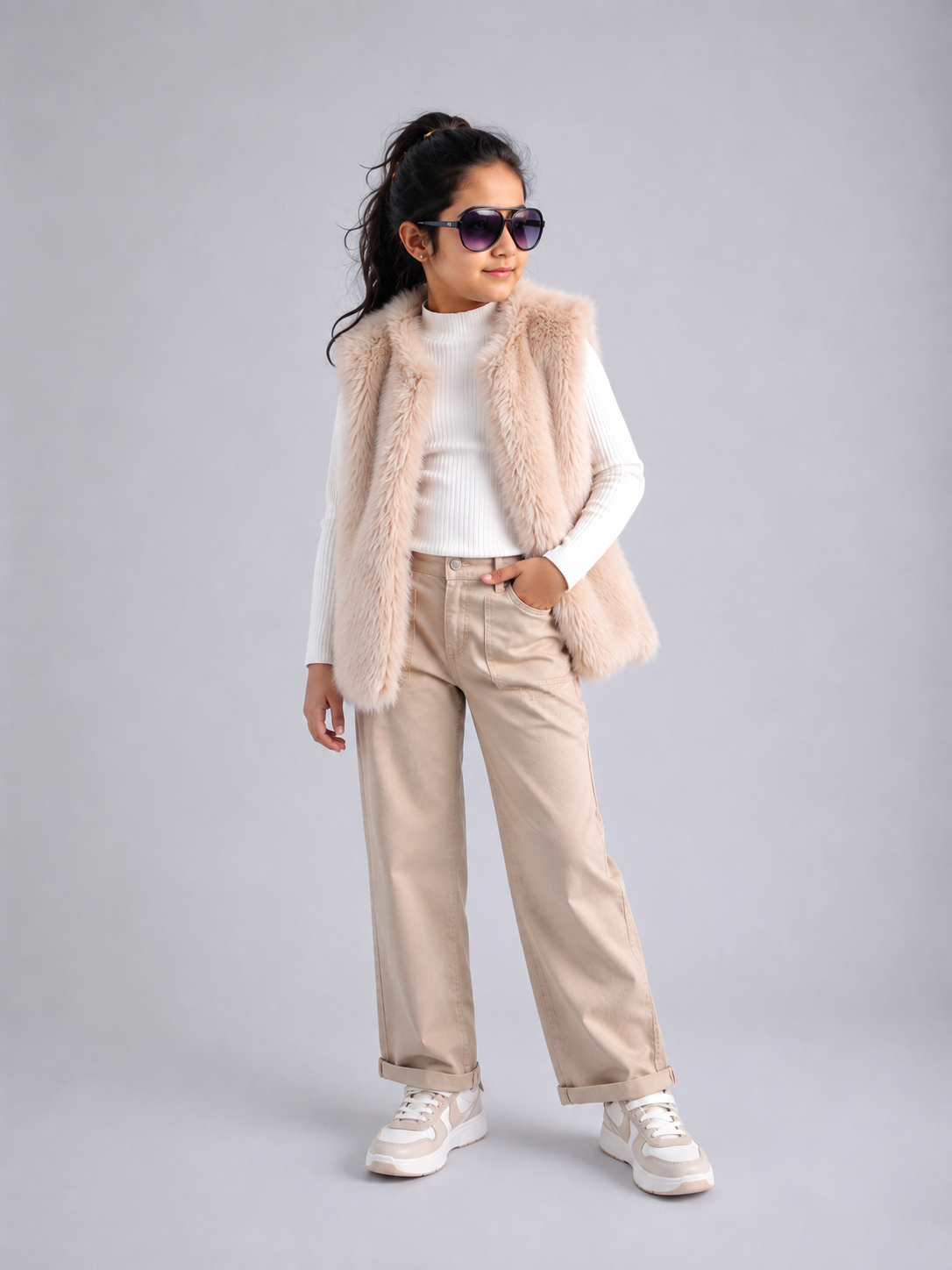 FOREVER Girls Beige Faux Fur Gilet in UK 9/10. A soft, stylish and cozy sleeveless vest perfect for fashionable everyday and winter outfits.