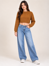 FOREVER Women Camel Brown Ribbed Cropped Knit Jumper