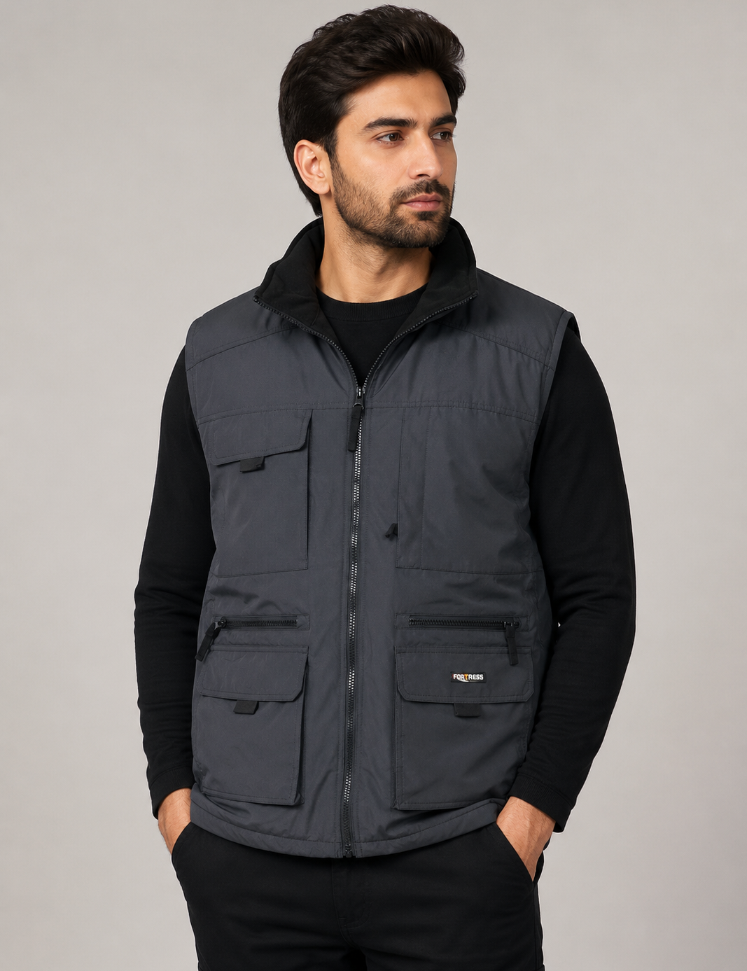  Fortress Men's Black Utility Jacket in XL. Features multiple utility pockets, full zip fastening, and a durable lightweight design—ideal for workwear, outdoor adventures, hiking, fishing, camping, and everyday casual wear.