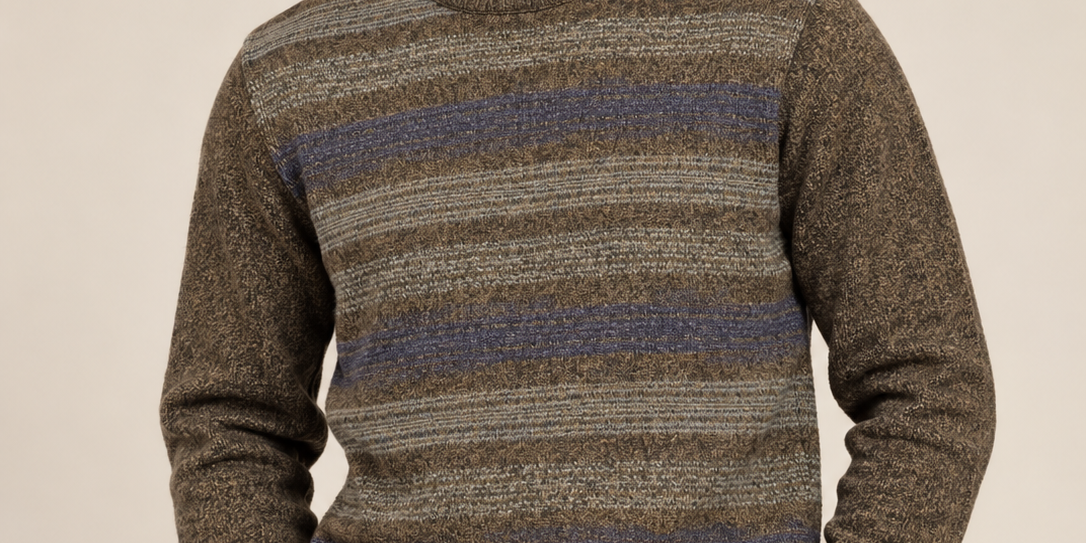 Four Seasons Men's Brown & Navy Striped Knit Jumper in UK Size S. Chest 21", length 25". Classic crew neck style at UK Customer Returns.
