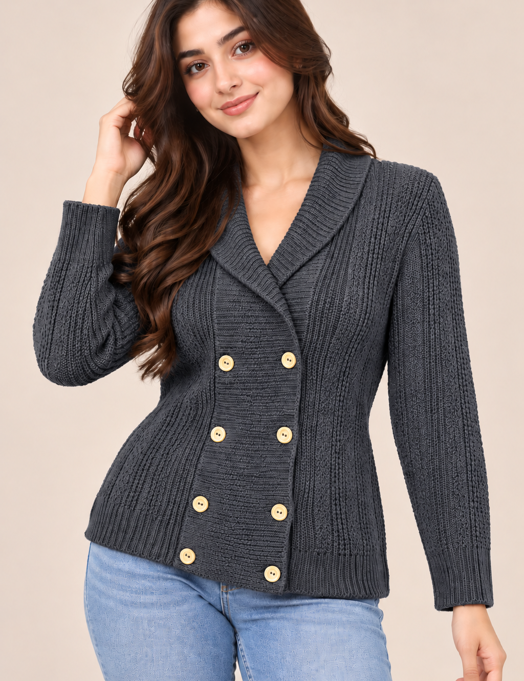 Frederik Anderson Copenhagen women’s dark grey knitted cardigan in UK Size M. Stylish double-breasted design with shawl collar and textured knit.