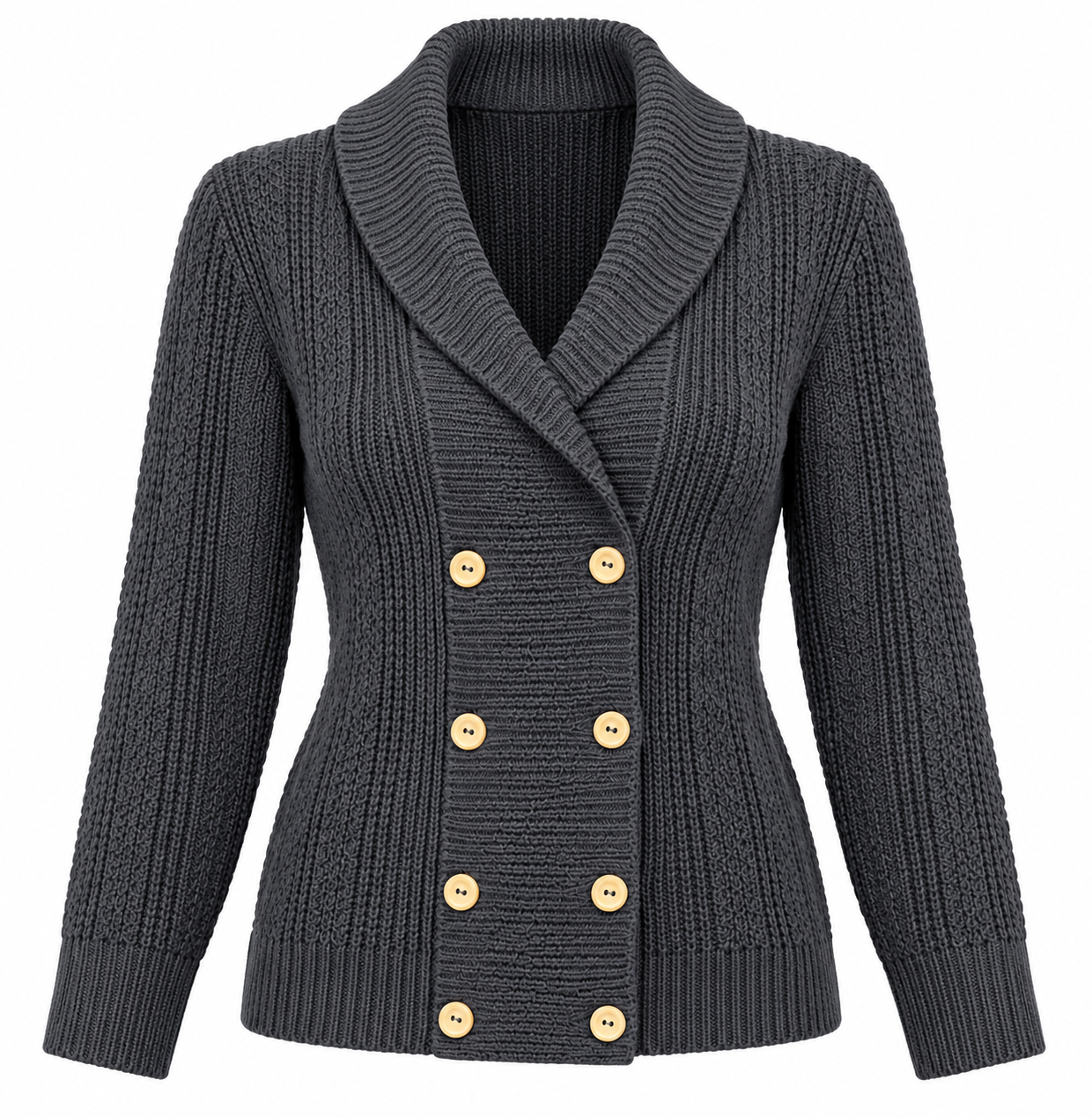 Frederik Anderson Copenhagen women’s dark grey knitted cardigan in UK Size M. Stylish double-breasted design with shawl collar and textured knit.