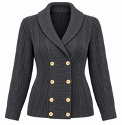 Frederik Anderson Copenhagen women’s dark grey knitted cardigan in UK Size M. Stylish double-breasted design with shawl collar and textured knit.