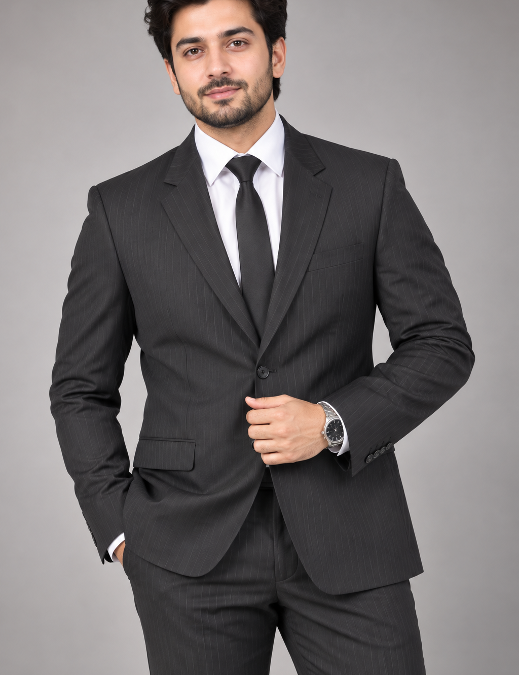  French Connection men’s black pinstripe formal blazer in UK Size L with stylish sky-blue lining. Premium smart tailoring for office, weddings and formal wear.
