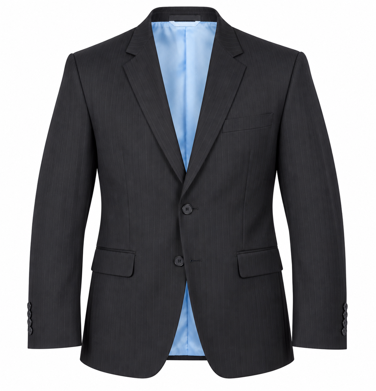  French Connection men’s black pinstripe formal blazer in UK Size L with stylish sky-blue lining. Premium smart tailoring for office, weddings and formal wear.
