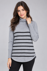 French Connection Women Grey & Black Striped Turtleneck Knit Jumper