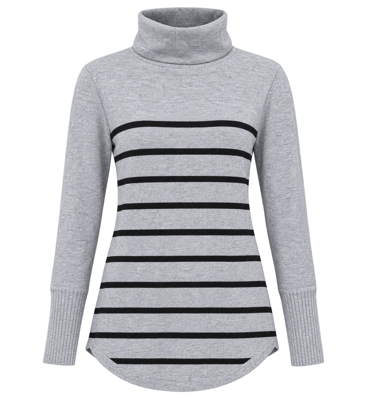  French Connection women’s grey and black striped turtleneck jumper in UK size S. Stylish long-sleeve knit with ribbed cuffs and curved hem.