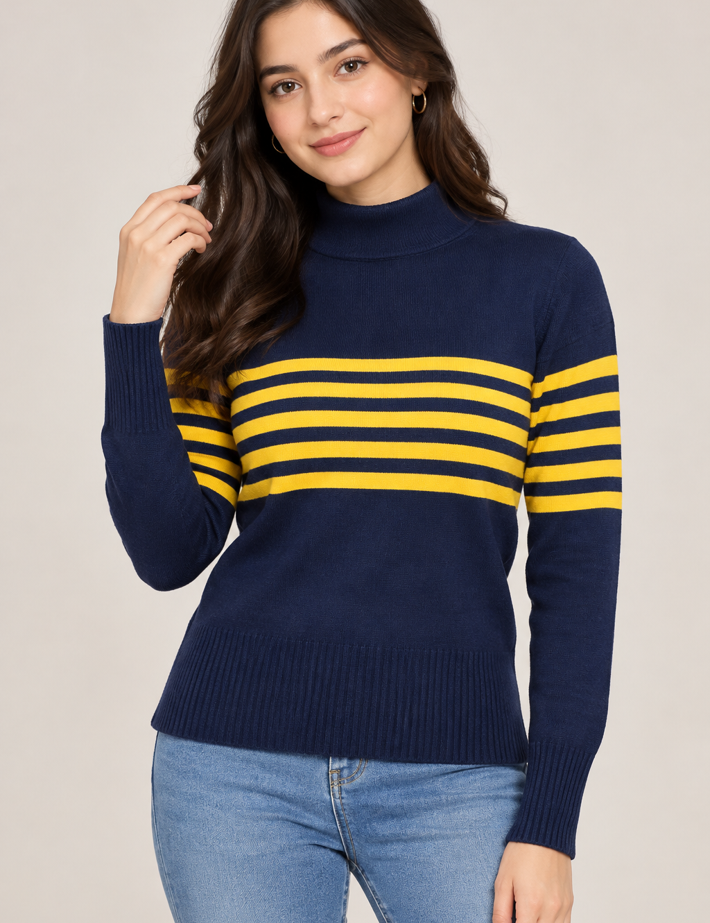  this French Connection navy and yellow striped turtleneck jumper, UK size L. A stylish long-sleeve knit sweater perfect for casual and smart-casual outfits.

