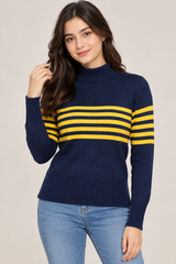 French Connection women Navy & Yellow Striped Knit Turtleneck Jumper
