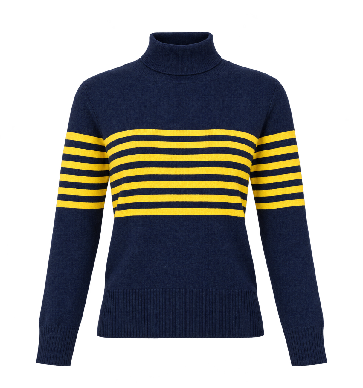  this French Connection navy and yellow striped turtleneck jumper, UK size L. A stylish long-sleeve knit sweater perfect for casual and smart-casual outfits.

