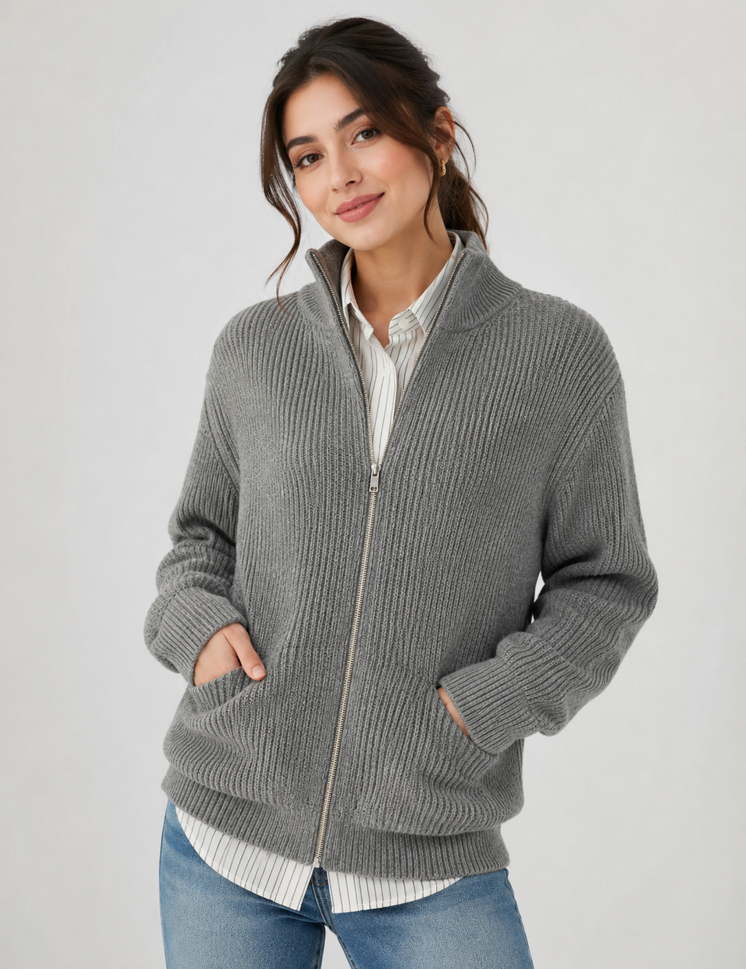 FRENCH CONNECTION Women's Grey Ribbed Zip-Up Knit Jacket in UK Size M. Stylish high-neck design, full zip fastening and practical pockets for versatile everyday wear.