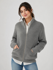 FRENCH CONNECTION Women's Grey Ribbed Zip-Up Knit Jacket in UK Size M. Stylish high-neck design, full zip fastening and practical pockets for versatile everyday wear.