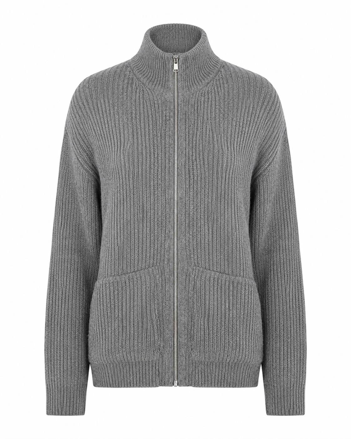 FRENCH CONNECTION Women's Grey Ribbed Zip-Up Knit Jacket in UK Size M. Stylish high-neck design, full zip fastening and practical pockets for versatile everyday wear.