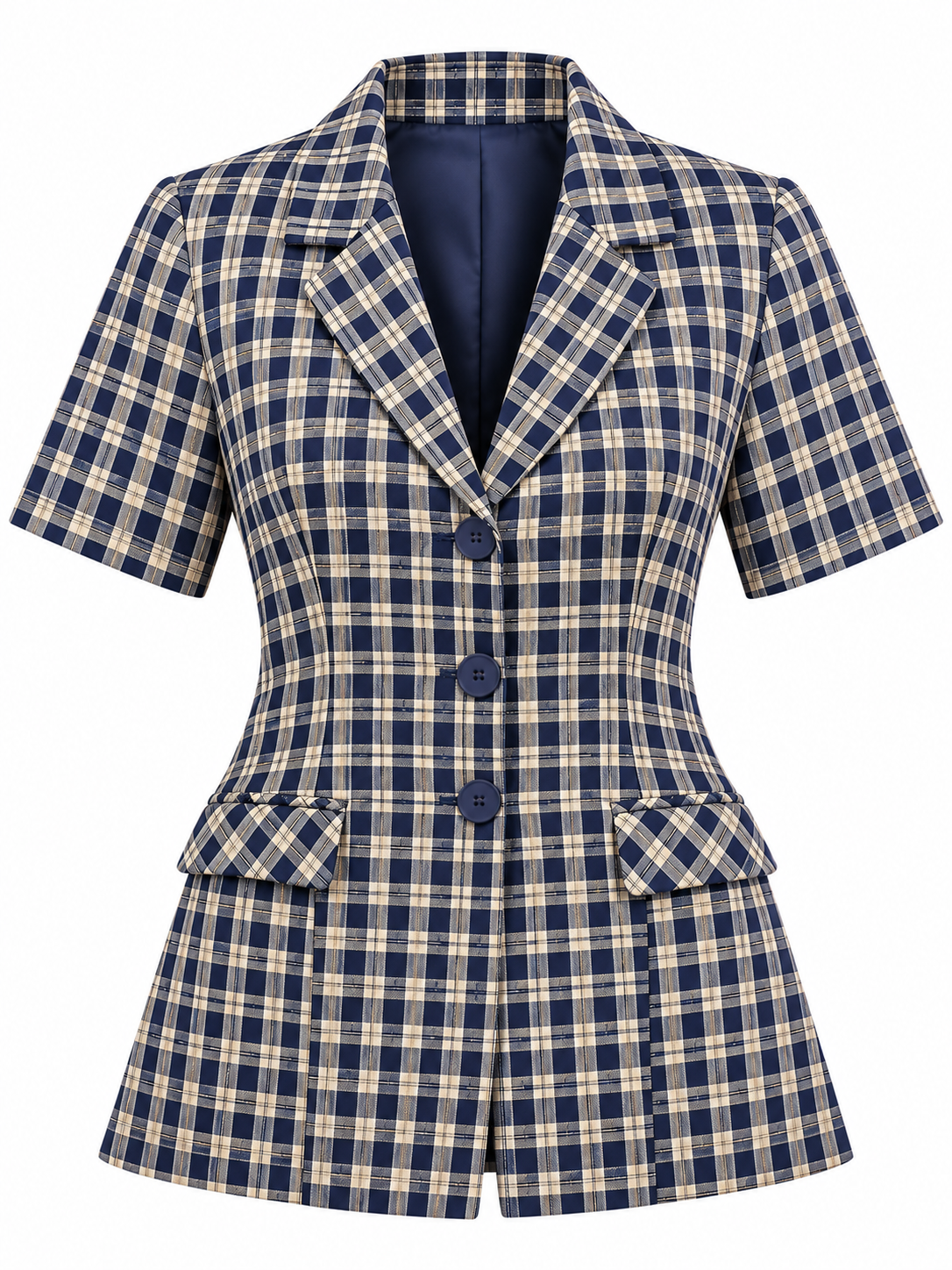 FRENCH KISS women's navy blue and cream checked short sleeve blazer in UK XL. Stylish tailored fit, button front and smart casual design.