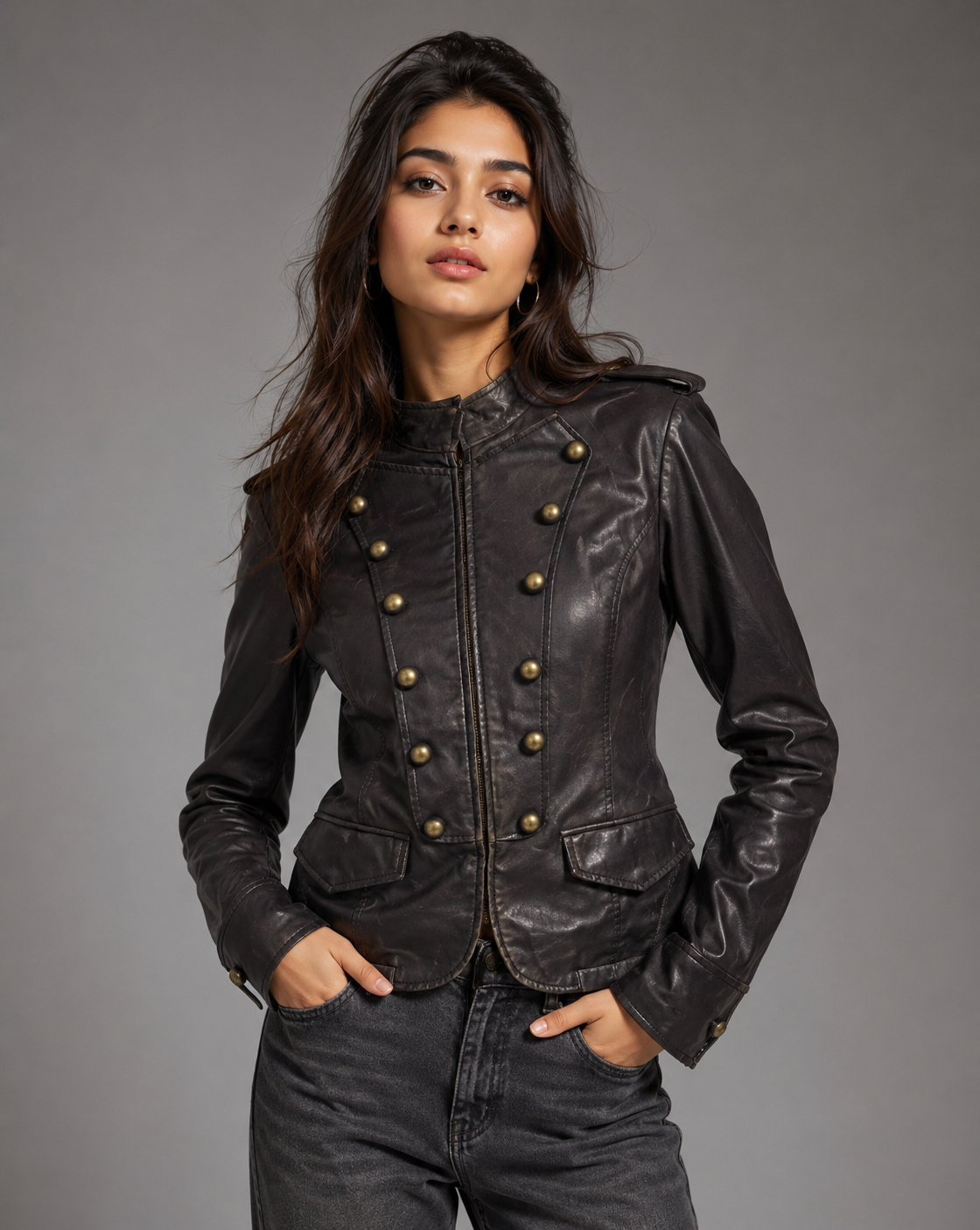  Frida London Ladies Jacket in dark brown with military-style button detailing, zip fastening, stand collar and front flap pockets.