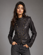  Frida London Ladies Jacket in dark brown with military-style button detailing, zip fastening, stand collar and front flap pockets.