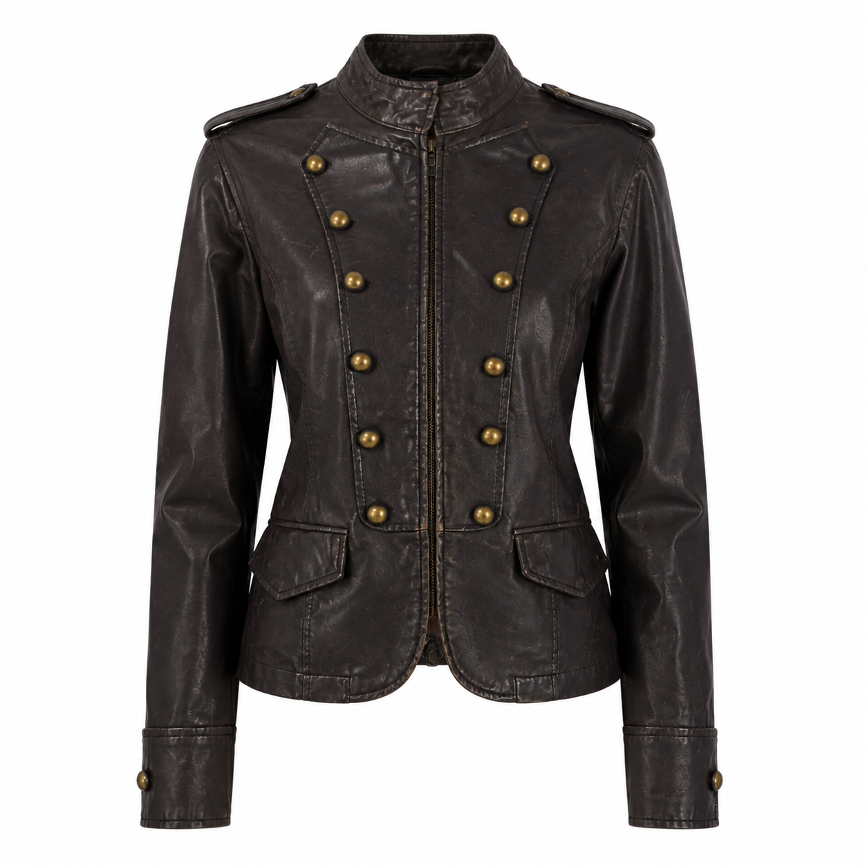 Frida London Ladies Jacket in dark brown with military-style button detailing, zip fastening, stand collar and front flap pockets.