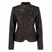 Frida London Ladies Jacket in dark brown with military-style button detailing, zip fastening, stand collar and front flap pockets.