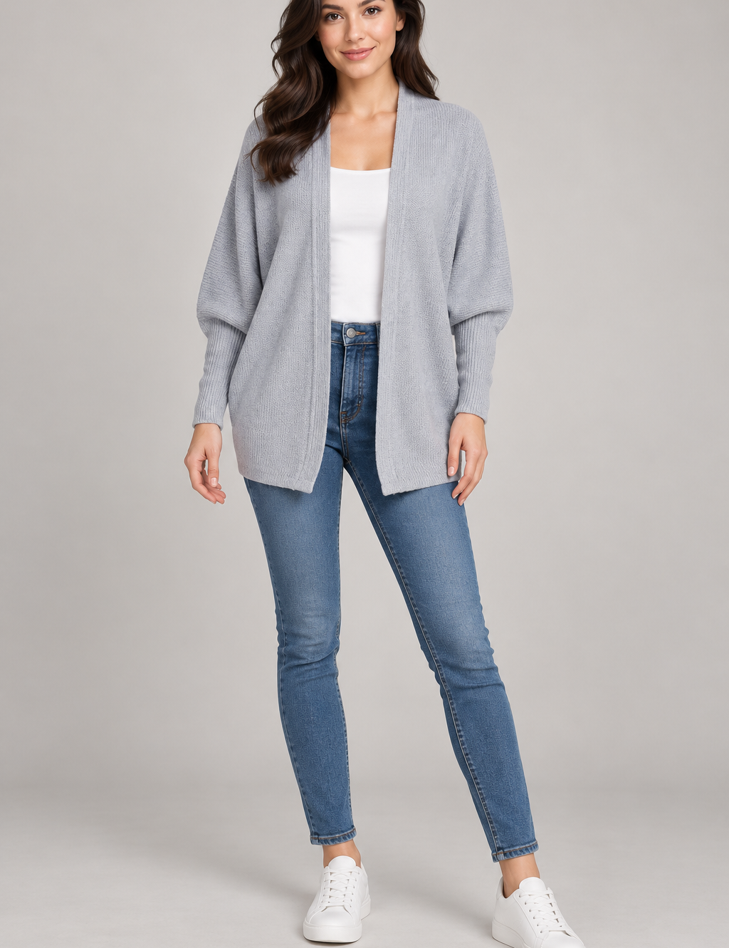   Full Circle women’s grey open-front knit cardigan in UK size L. Soft, stylish and perfect for everyday layering.