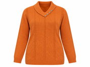 FUTURE LADY women’s orange knitted jumper in UK Size L, featuring a shawl collar, decorative buttons and elegant diamond knit detailing.