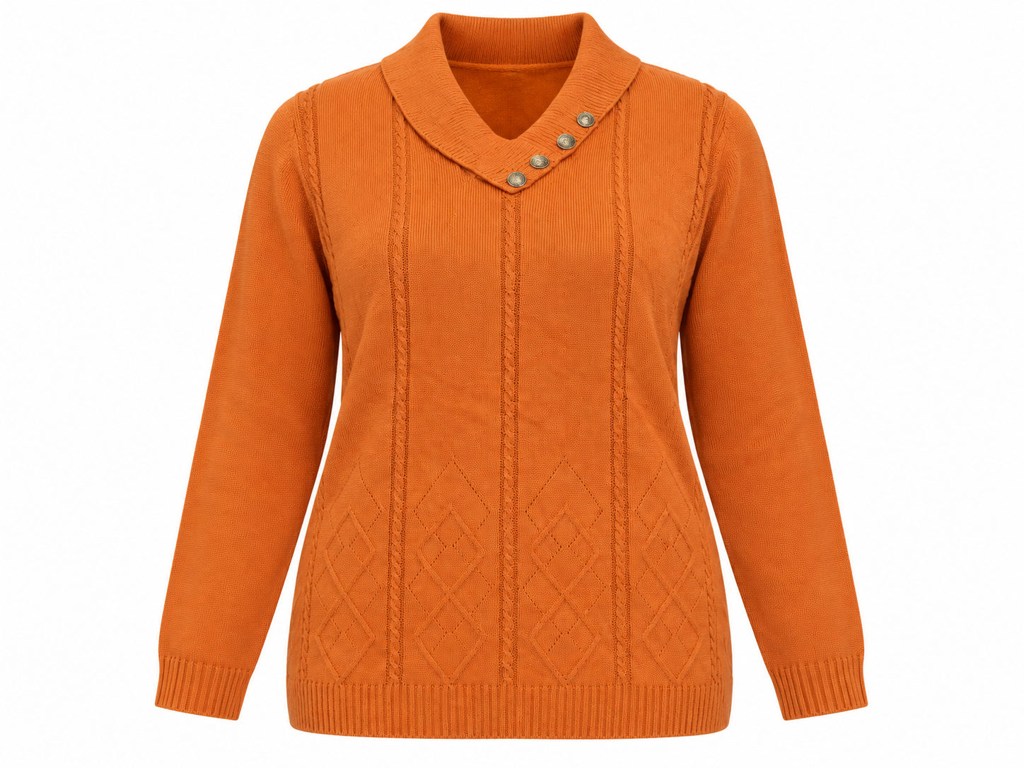 FUTURE LADY women’s orange knitted jumper in UK Size L, featuring a shawl collar, decorative buttons and elegant diamond knit detailing.