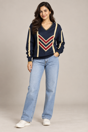  the GABICCI navy chevron V-neck knit jumper in UK size L. Stylish striped sleeves, retro colour-block detailing, and comfortable everyday fit.